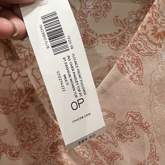 Chico’s Flounce-Front Paisley Blouse Pink Sheer Long Sleeve V-Neck Size 6 Petite - Picture 5 of 11